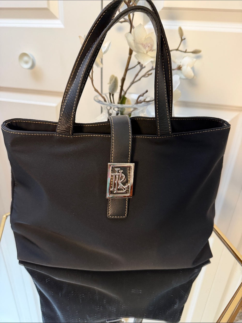 Ralph Lauren Black Women's nylon leather Tote Bag with Silver Logo Accent